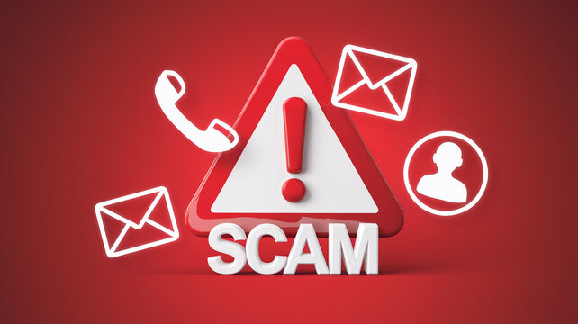 3D red warning triangle with a "SCAM" message surrounded by symbols such as a phone, envelope, and user icon, representing fraud alerts and online scam warnings.