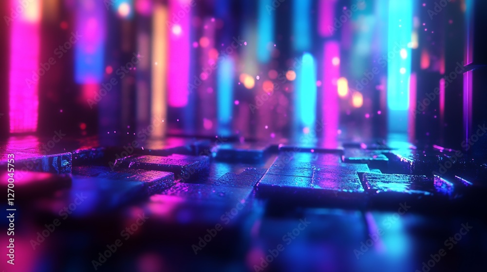 Poster luminous futuristic pathway glowing with neon lights and wet pavement : generative ai