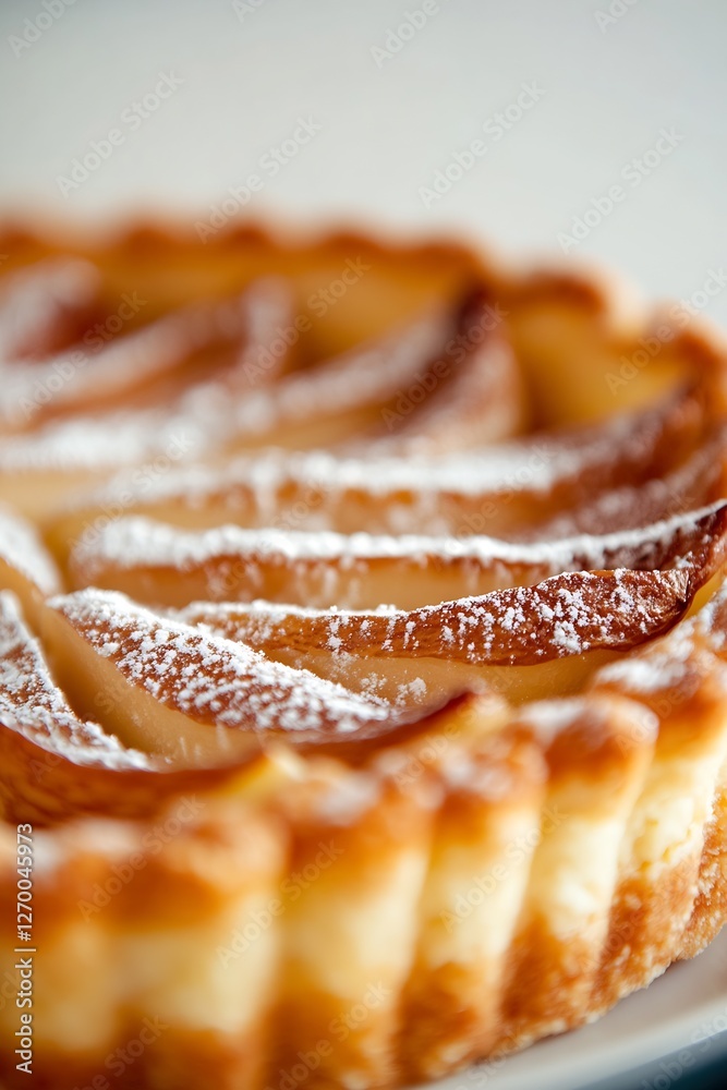 Poster delicious pear tart with a beautifully swirled crust dusted with powdered sugar highlighting pastry 