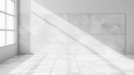 Modern interior with white marble wall and floor, natural light streaming in, creating serene and elegant atmosphere