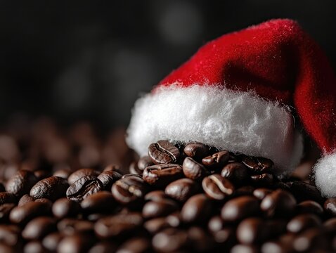 A festive scene with a red and white santa hat resting atop a pile of coffee beans, capturing the holiday spirit.