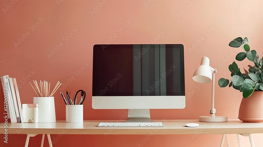 Poster chic minimalist office desk with computer and stylish decor elements : generative ai