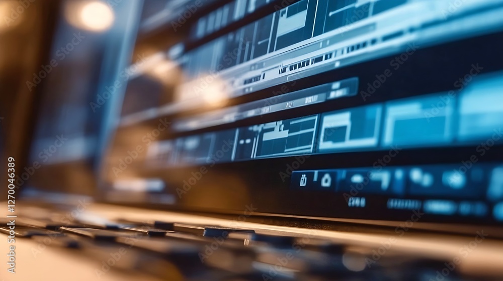 Poster Close-up of modern laptop display featuring digital graphs and data visualization elements : Generative AI