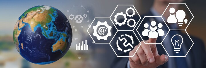 Businessman interacting with digital icons overlaid on a globe