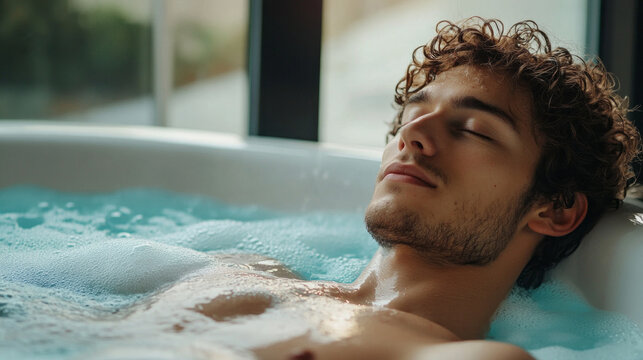 Relaxation envelops a young man as he unwinds in a contemporary spa bathtub, surrounded by tranquil water and lush scenery. The peaceful ambiance invites total serenity