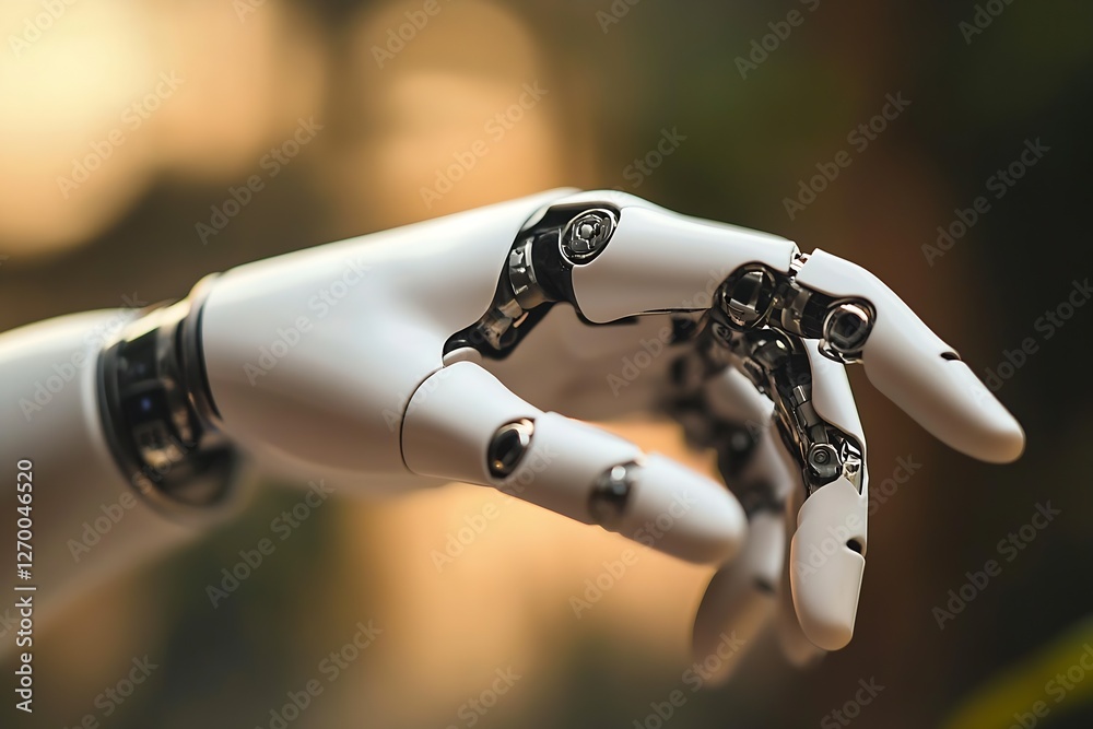 Poster artful shot of a robotic hand reaching out with intricate metal joints and a sleek aesthetic in a na