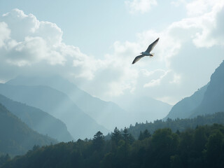 Fototapeta premium Majestic bird soaring over serene mountain landscape nature photography peaceful environment wide-angle view