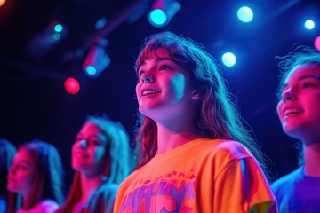 Fototapeta premium Vibrant performance with young singers on stage during a nighttime event