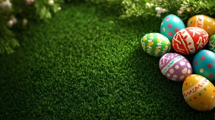 Fototapeta premium Decorated easter eggs with traditional patterns on green grass background with copy space. Spring holiday celebration concept. Natural festive setting for greeting card