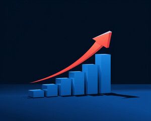 A 3D representation of a growing bar chart with a red upward arrow, symbolizing success, growth, and positive progress in business, finance, or statistics.
