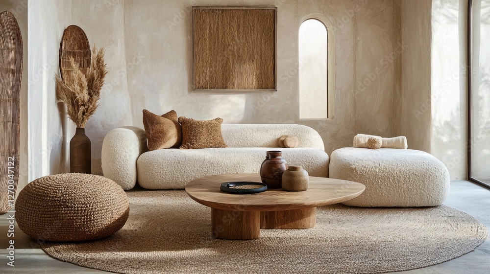 Poster this living room showcases a harmonious blend of soft textures and earthy tones, creating an invitin