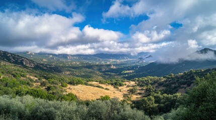 Obraz premium Picturesque landscape showcasing rolling hills under a bright cloudy sky