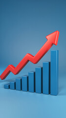 Obraz premium A 3D render of blue bar graph increasing in height with a red arrow pointing upward, symbolizing growth, success, progress, and positive performance in business or analytics.