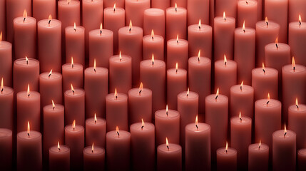 Fototapeta premium Numerous pink candles lit softly in a dimly lit space create a soothing atmosphere for relaxation and reflection