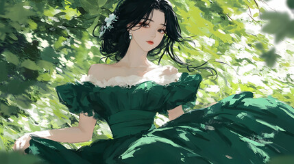 Elegant woman in green gown, dappled sunlight, leafy garden, whimsical illustration, website design