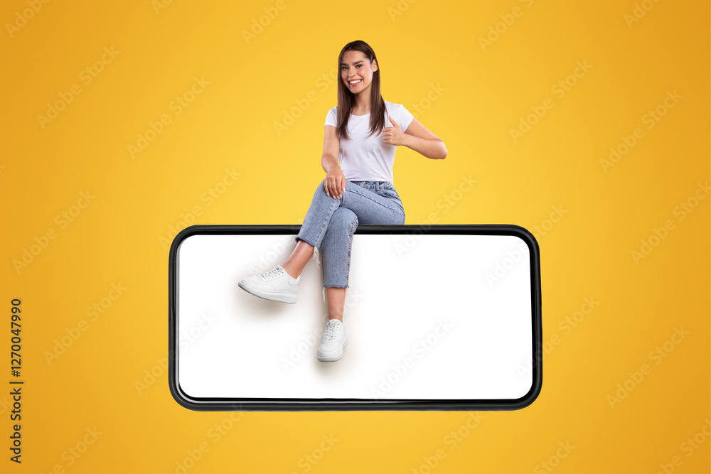 Poster positive casual millennial lady sitting on big horizontal smartphone with blank screen and showing t
