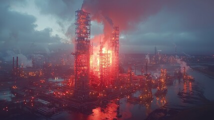 Hyper-realistic depiction of a factory scene at dusk showcasing quality control and industrial activity with vibrant lighting