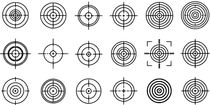 Target and aim icon set, crosshair, bullseye vector, precision, accuracy, and focus icon for aiming, archery, shooting, or navigation