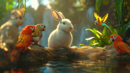 Twins Parrots And Rabbit 