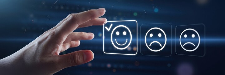 Hand selecting the positive feedback emoticon on a digital interface