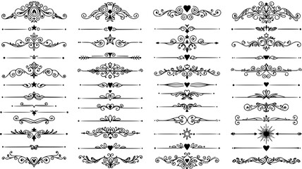 ornamental text divider, elegant border design elements, perfect for web, page decoration, invitations, cards. Vintage style, monochromatic, vector set. Unique, intricate swirls, curls, shapes