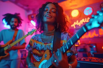 Obraz premium Gathering of musicians around a vintage amplifier in a vibrant music venue