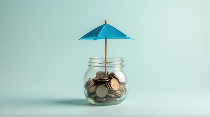 Creative Financial Protection Concept with Coins Under Blue Umbrella in Glass Jar