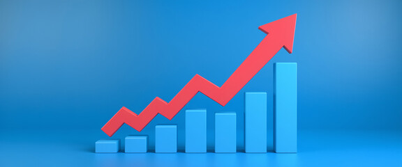 A 3D rendered graph with ascending bars and an arrow pointing upwards, symbolizing growth, success, and increasing profits in a digital business environment.