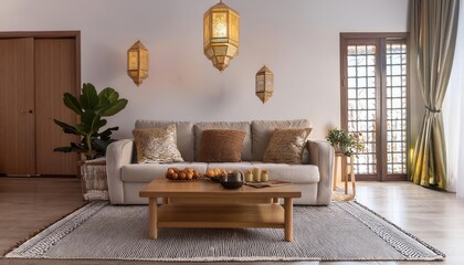 Elegant and Cozy RamadanThemed Living Room Decor with Sofa and Table