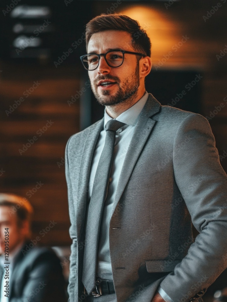 Sticker A confident young professional in a suit standing in an indoor setting, exuding corporate charm.