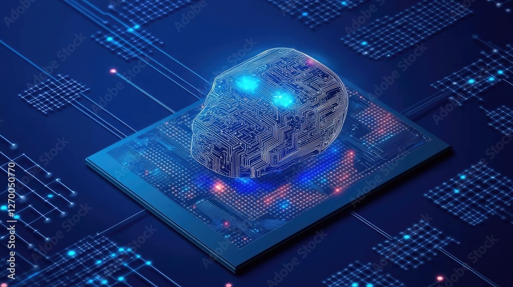 Poster cybersecurity and encrypted data transfer visualization with high-tech glowing ai circuits.