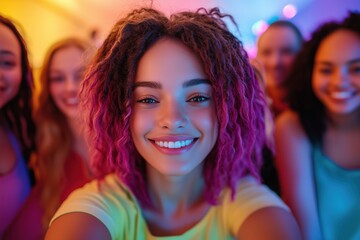 Naklejka premium Young developer enjoying vibrant selfie with friends at a colorful indoor location