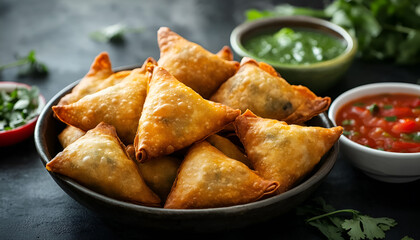 Homemade deep fried vegetable samosas (patties, burekas) on rustic black background - vegetarian fried pastries for snack
