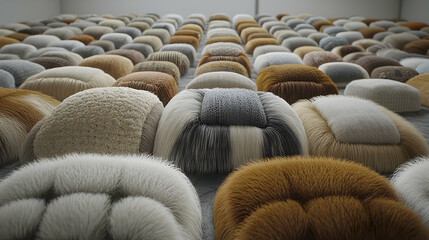 Obraz premium Fluffy textured cubes in a modern gallery, rows of diverse materials, background minimalist, for design inspiration