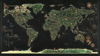 Fototapeta premium Cyber finance and digital payments, world map with encrypted transaction pathways.