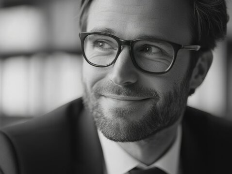 Professional portrait of a man in glasses, wearing a suit and tie, smiling subtly at the camera.