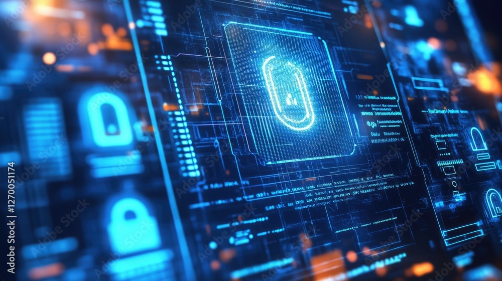 Poster cyber technology security visualization with encrypted ai-powered cloud-based information transfer.