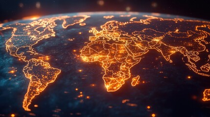 Cyber trade and commerce concept, bright shipping lanes spanning across a digital world map, representing international logistics