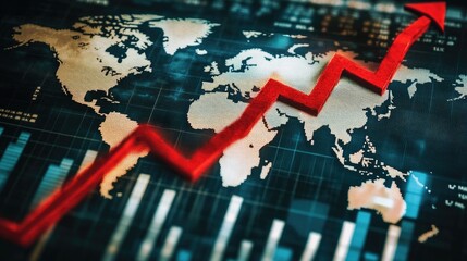 Declining international trade shown through a collapsing world map, red downward arrow slicing through financial charts