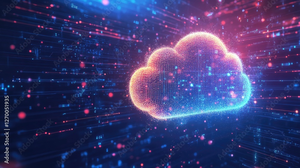 Poster digital ai-driven cloud computing background with interconnected big data visualization.