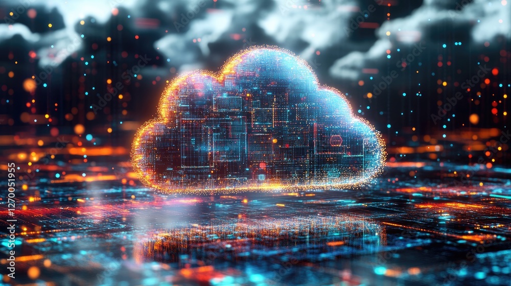Poster digital ai-driven cloud computing background with interconnected big data visualization.