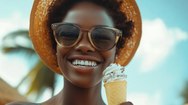 A woman holding an ice cream cone with a smile, enjoying her day at the beach.