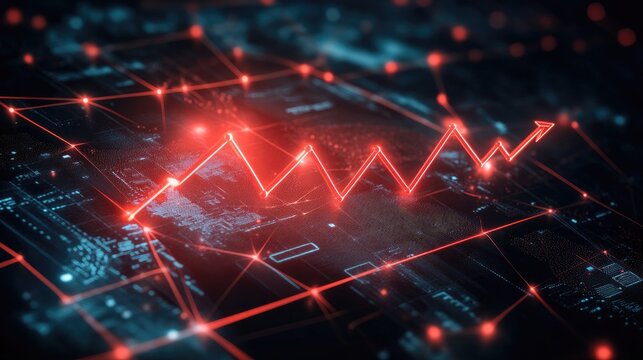 Digital global economy shrinking, red downward arrow sharply declining over interconnected financial nodes, recession concept