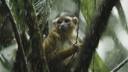 Obraz premium Rainforest Monkey, Wet Fur, Tropical Tree, Downpour, Wildlife Conservation