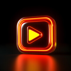 Glowing neon play button icon with red and blue light effects on a dark background. Futuristic 3D digital symbol for media, video streaming, and online content concept.