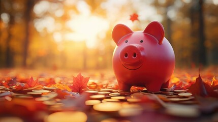 A red piggy bank surrounded by coins and autumn leaves captures the essence of savings and investment as the sun sets.