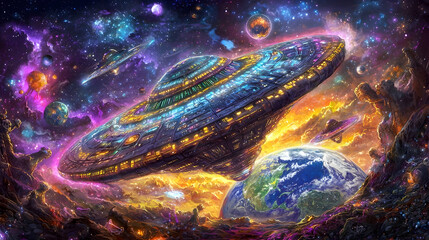 Obraz premium Cosmic Mothership Orbits Earth Amidst Nebula & Alien Craft