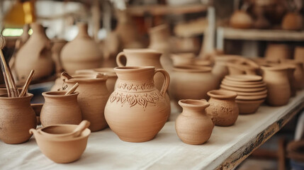 Explore the beauty of handcrafted pottery in a sleek, artful studio setting that showcases creativity and craftsmanship.