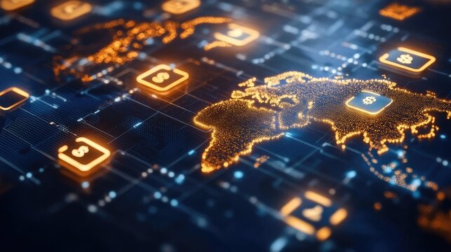 Digital world map with glowing payment network connections, futuristic financial technology.