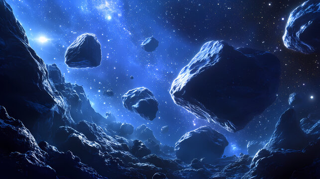 Asteroid field in space. Underwater Starfields. Illustration